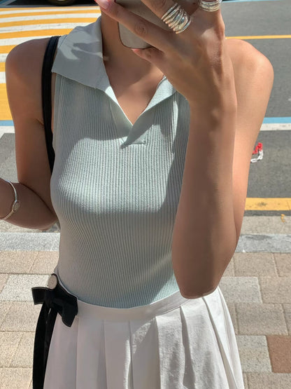 Collared Summer Linen Knit Vest | 夏日混麻質翻領針織背心
