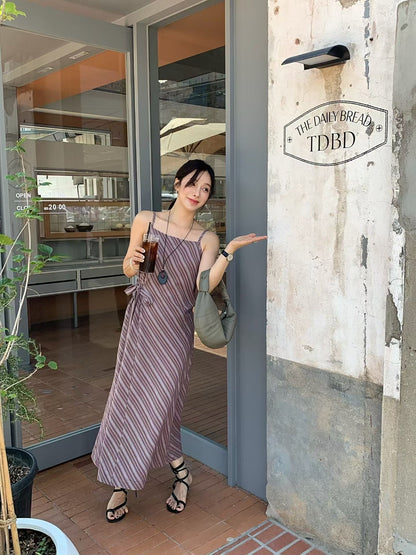 Parisian Effortless Striped Tie Bow Slip Dress | 法系斜條紋側綁結長裙