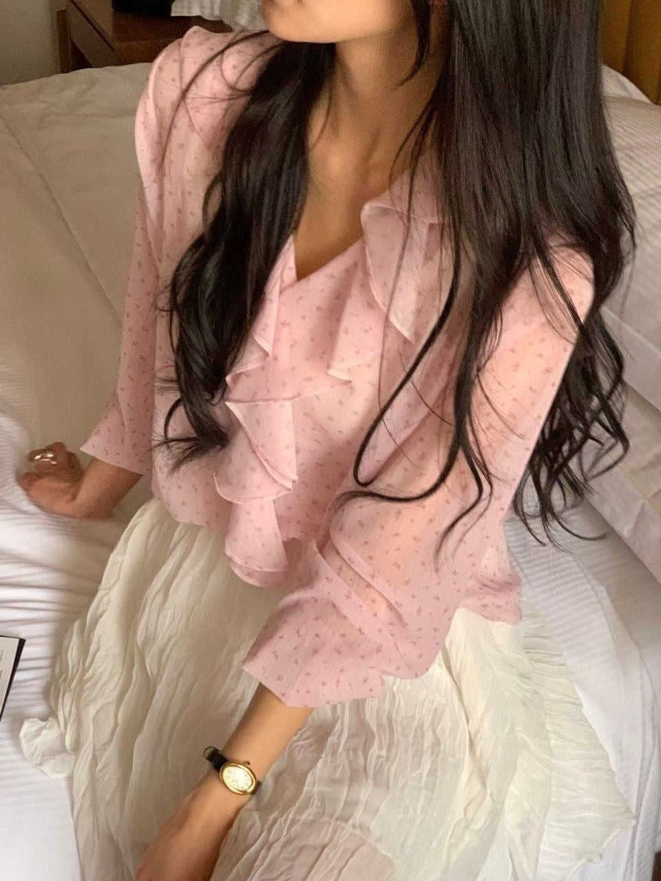 Botanical Ruffle Chiffon Blouse |  花卉荷葉邊氣質上衣