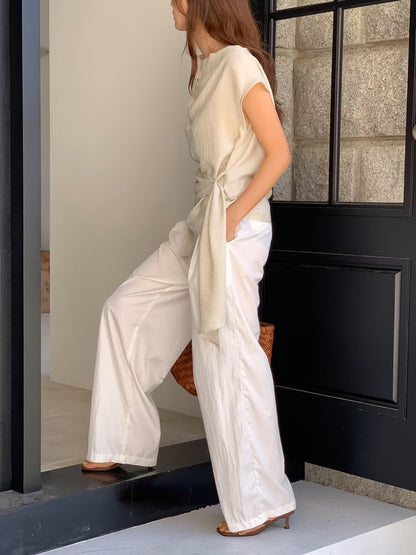 Draped Side-Tie Capped Sleeves Blouse |  垂感光澤小飛袖上衣