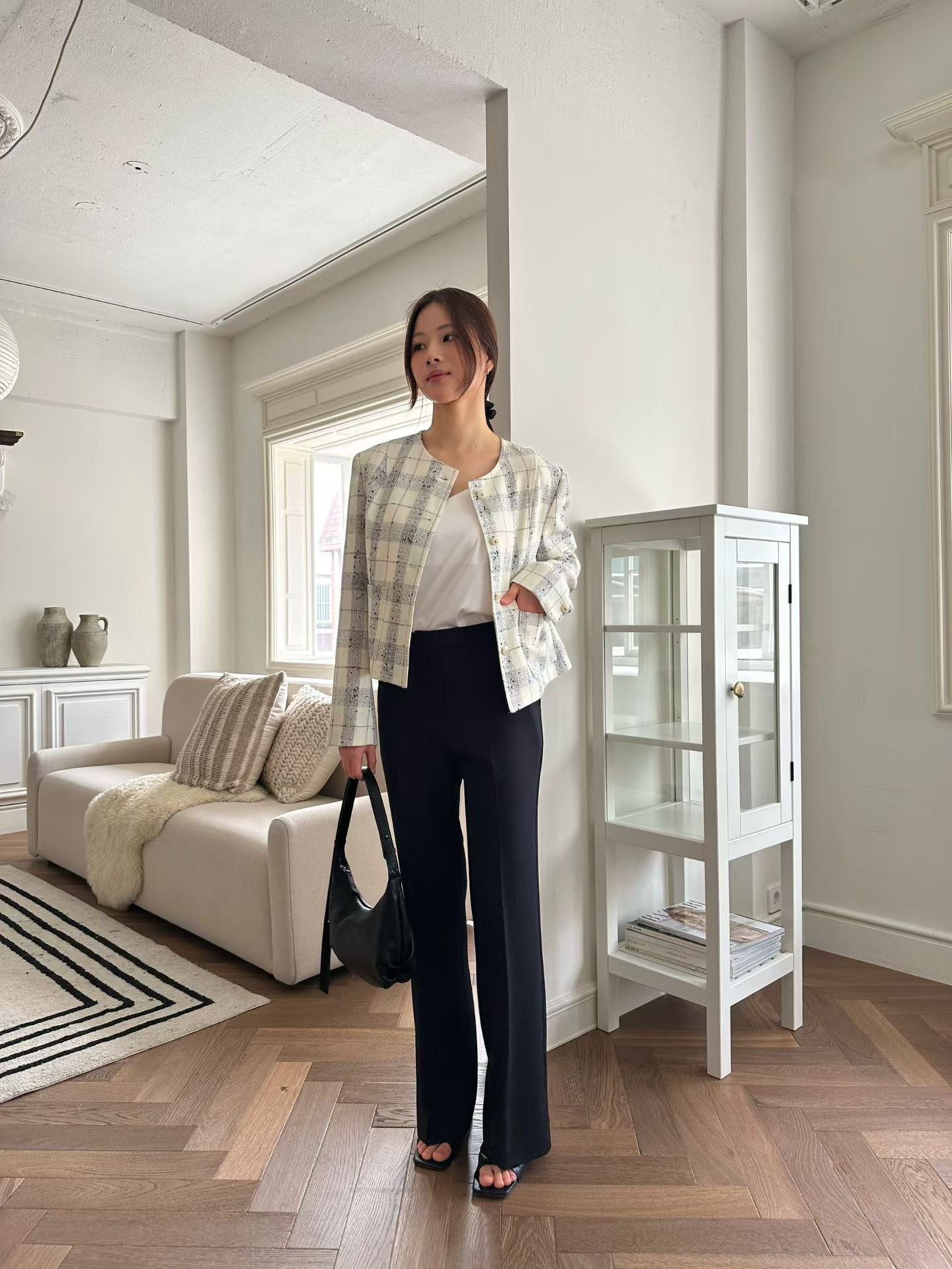 Classic Collarless Checkered Blazer | 英倫優雅風格紋外套