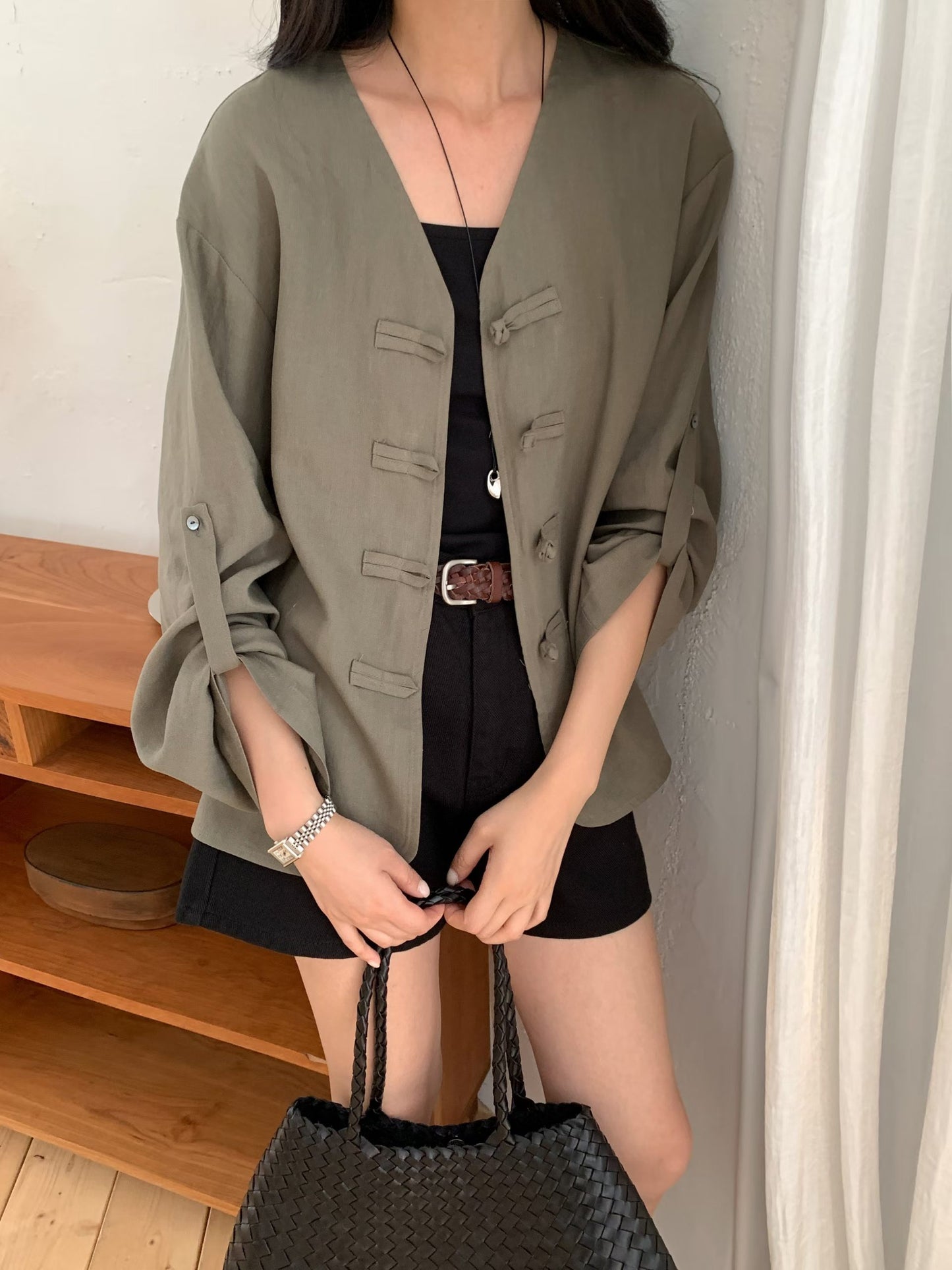 Tencel-Linen Retro Hook-Tie Jacket | 天絲亞麻鉤扣綁帶復古外套