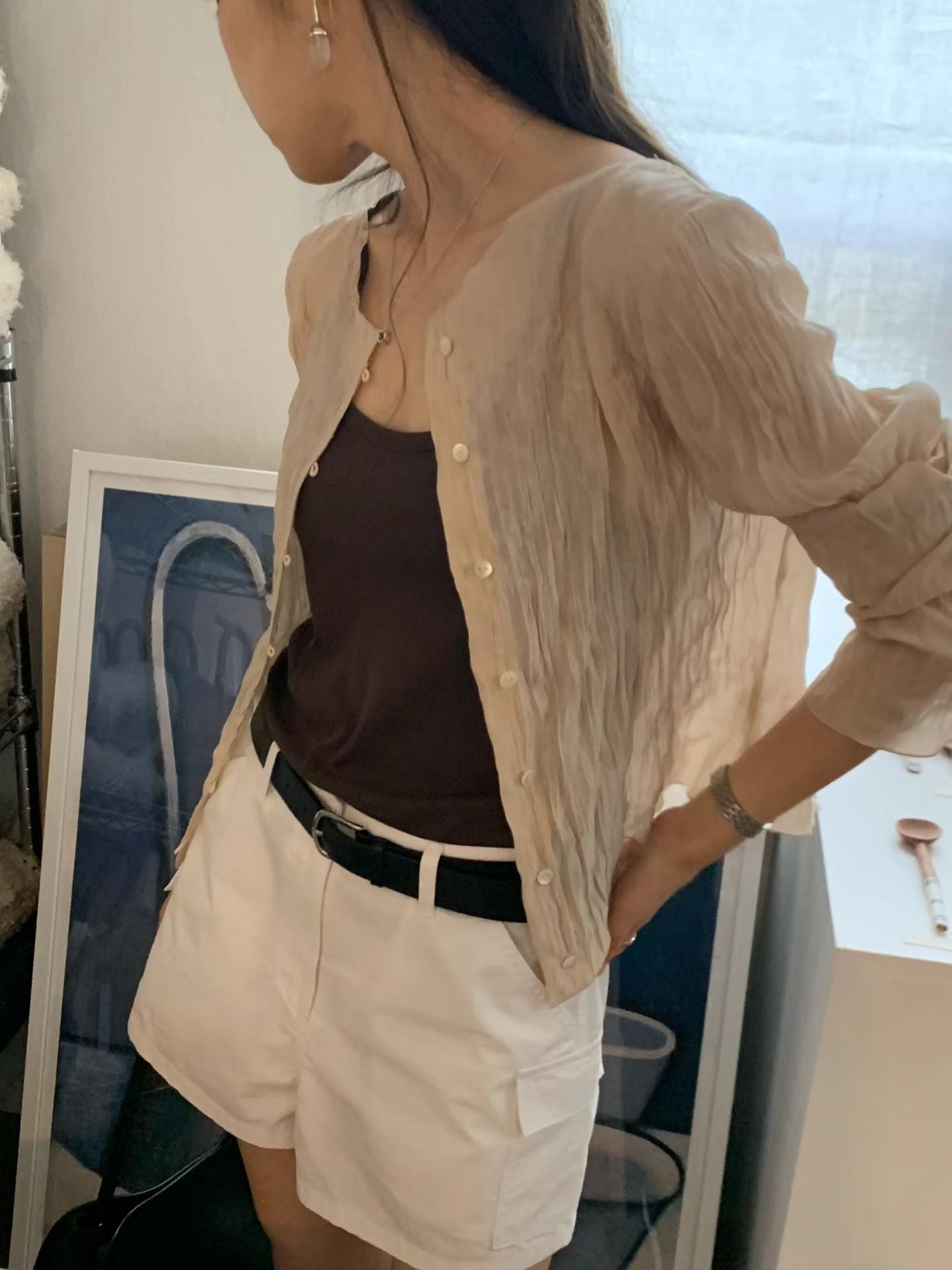 Hook-Button Crinkle Veil 2-way Top | 皺褶輕紗鉤扣2-way罩衫