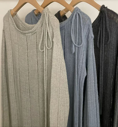 Shoulder Bow Ripped Detail Knit Top