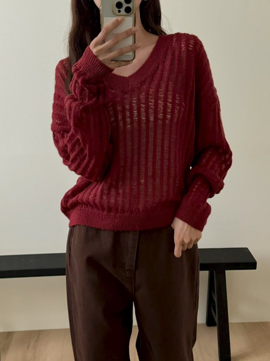 < 唯美針織> Mohair Blend V Neck Open-Knit | 鏤空V領針織上衣