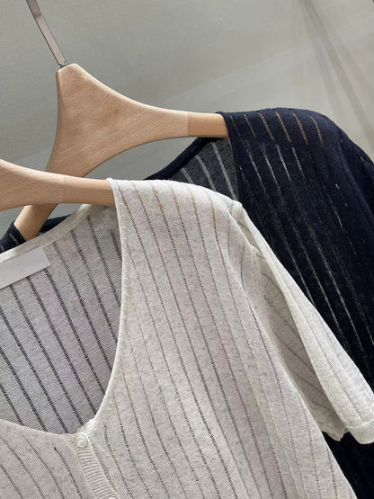 Fluted Sheer Linen Cardigan | 竪坑條紋麻質開襟外套