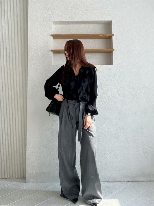 <附腰帶> Striped Straight Leg Belted Trousers | 條紋寬版直腳後橡筋長褲