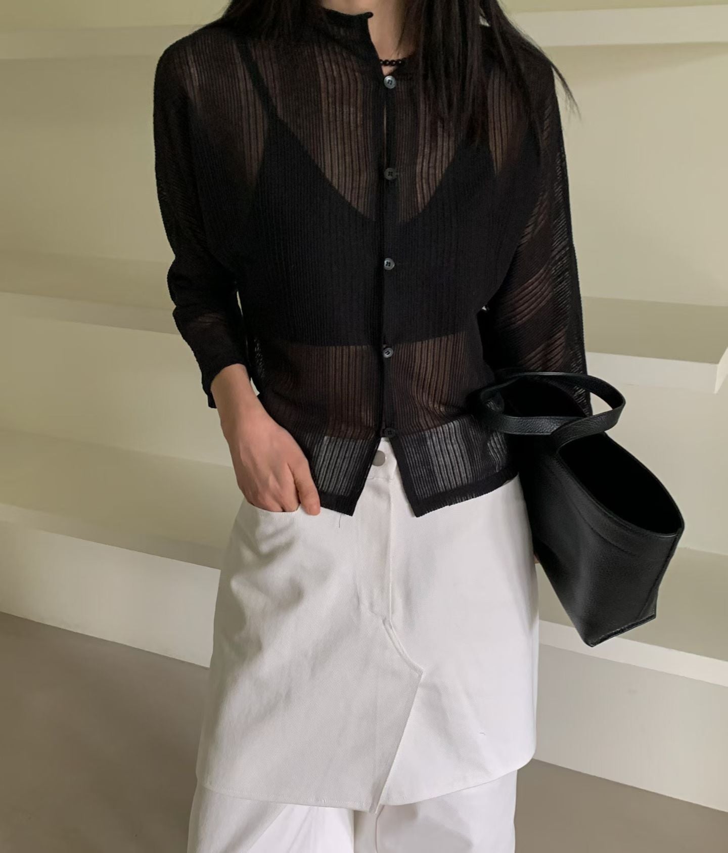 直紋鈕扣冷衫 | Striped Sheer 2-way Cardi-Top
