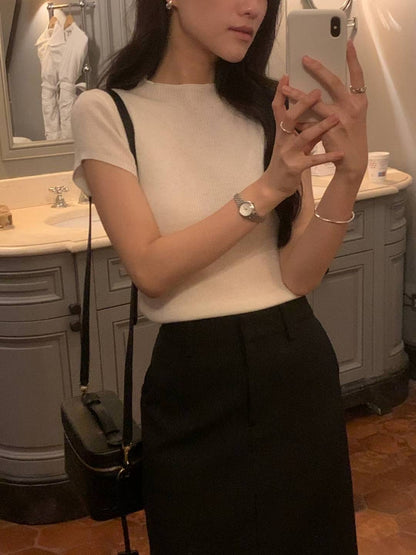 Wavy Texture Capped Sleeves Top | 暗條紋小飛袖Top