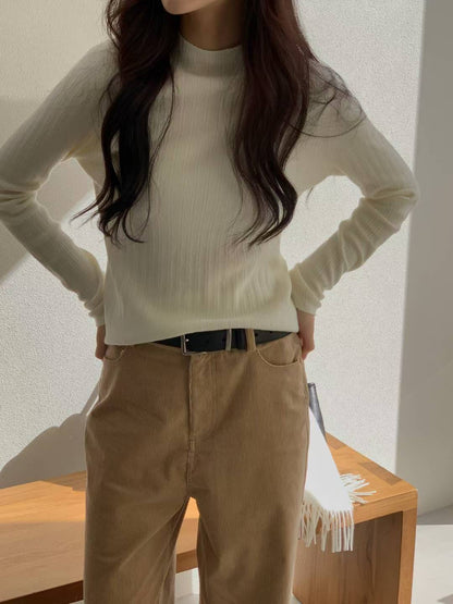 <<優美基礎Top>> Mock Neck Groovy Top | 中領暗直紋上衣