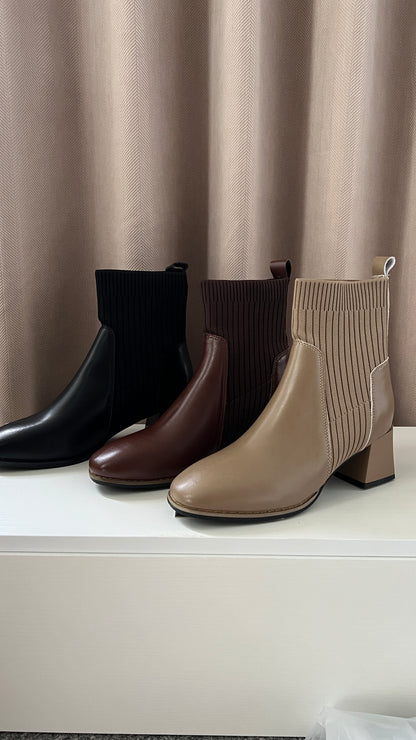 Calf Leather Sock Ankle Boots | 秋冬百搭牛皮拼襪子短boot