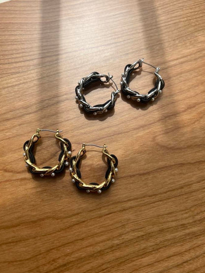 小香風扭紋小珍珠hoop耳環