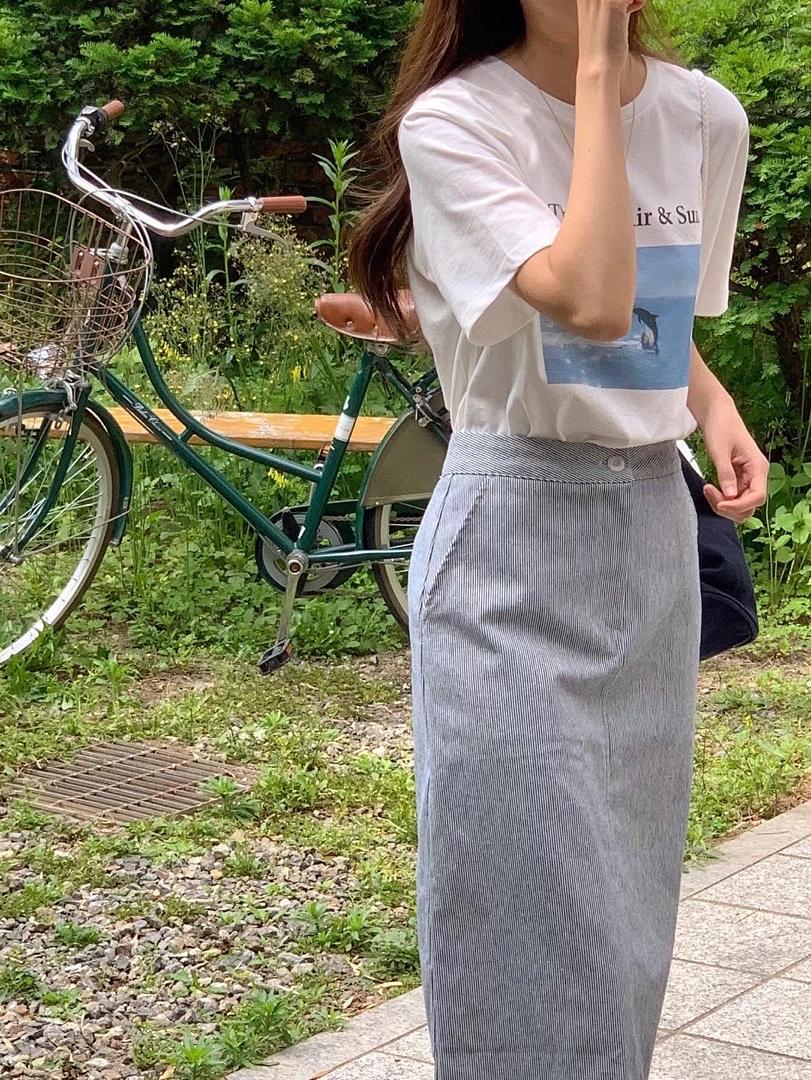 French Vibe Striped Pencil Midi Skirt | 法式風情直紋中長裙