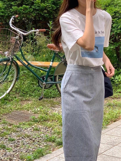 French Vibe Striped Pencil Midi Skirt | 法式風情直紋中長裙