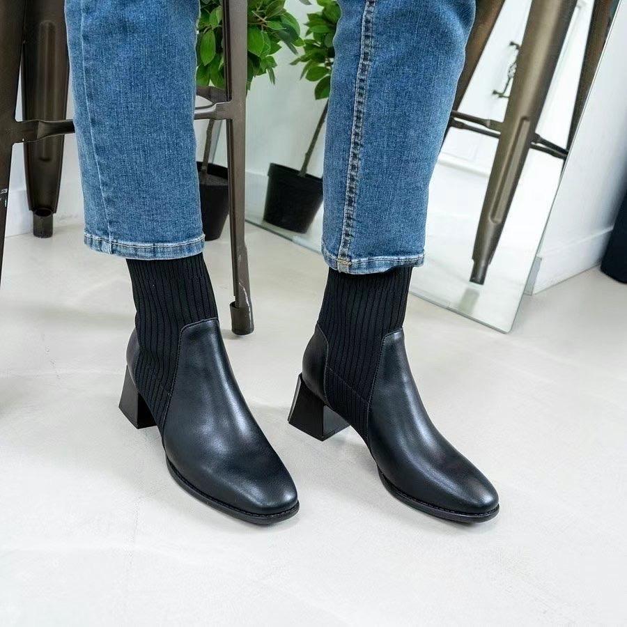 Calf Leather Sock Ankle Boots | 秋冬百搭牛皮拼襪子短boot