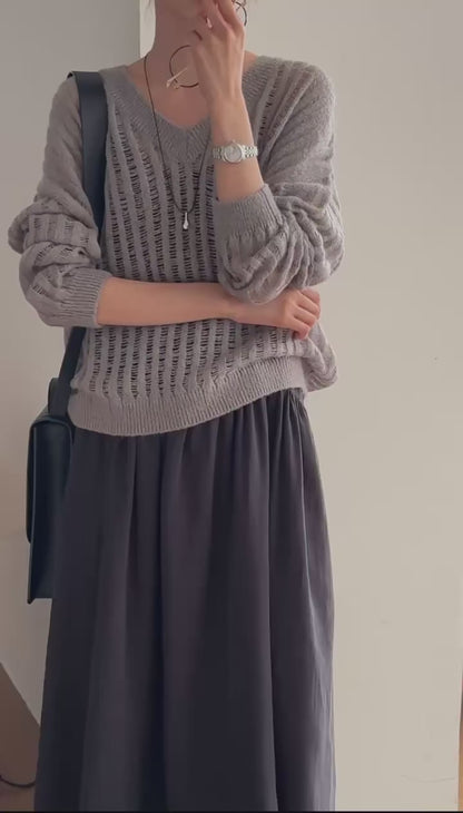< 唯美針織> Mohair Blend V Neck Open-Knit | 鏤空V領針織上衣