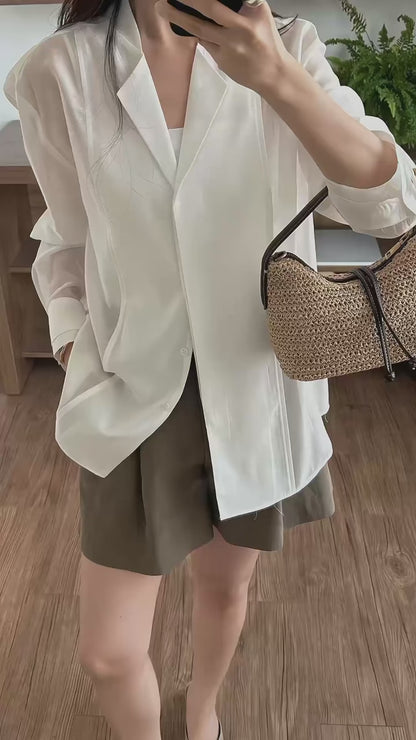 【85%親膚天絲~】Luxurious Tencel Sheer Patched Shirt | 輕透拼接防囇衣