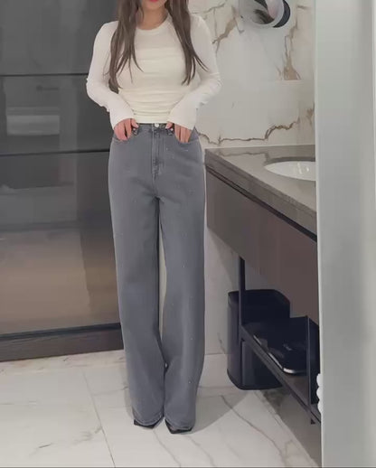 Rhinestoned Straight Leg Jeans | 筆直小碎石牛仔褲￼￼